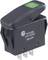 A black toggle switch with a green lever. Marked with 'R13-258 21A 14VDC ON-OFF'. Used for controlling electrical equipment.