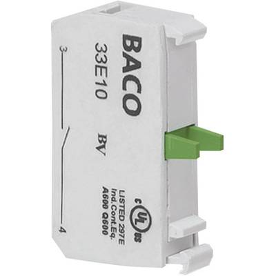 White, rectangular electrical component with the inscription 'BACO 33E10', green switch on the right side, UL certification symbol.