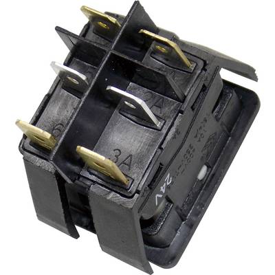 A black rocker switch with six metal terminals. The numbers '2A', '6A', '3A' are printed on the switch.
