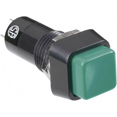 A square, green plastic push button with a black housing and two metallic connection pins, suitable for electronic devices.