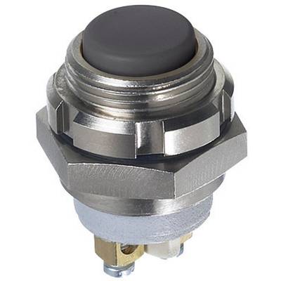 Silver metal push button switch with black button, suitable for technical applications.