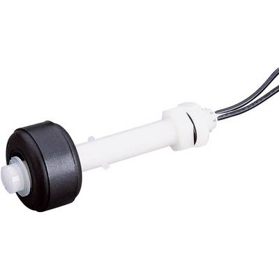 A white float switch with a black float, with electrical cables running from one end. Used for liquid level measurement.