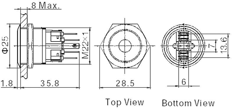 Technical drawing of an electrical switch with front, side, and base views. Dimensions and thread sizes are specified.
