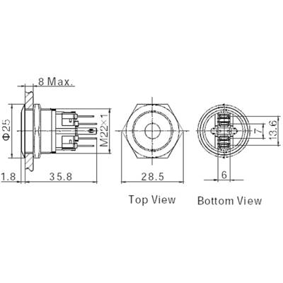Technical drawing of an electrical switch with front, side, and base views. Dimensions and thread sizes are specified.