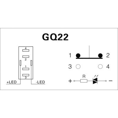 Diagram of a GQ22 switch: Left pin assignment (1 to 4), right switching symbol with resistor and LED, polarised ('+LED' and '-LED').