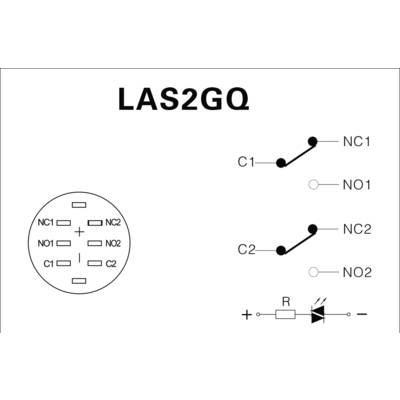Circuit diagram for LAS2GQ with two switches C1 and C2, terminals NC1, NO1, NC2, NO2, and symbols for resistor and diode.