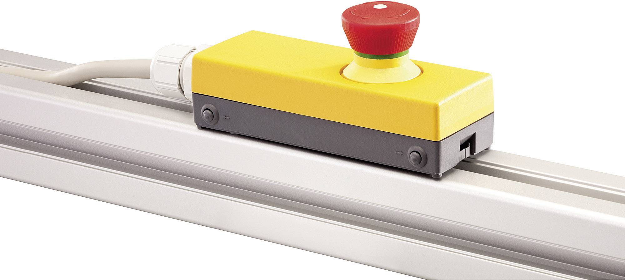 A yellow emergency stop switch with a red button mounted on a silver rail, used for safety shutdown in emergency situations.