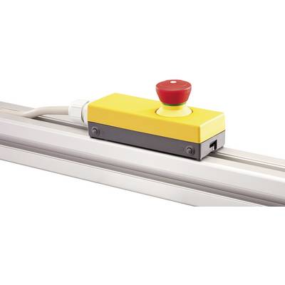A yellow emergency stop switch with a red button mounted on a silver rail, used for safety shutdown in emergency situations.