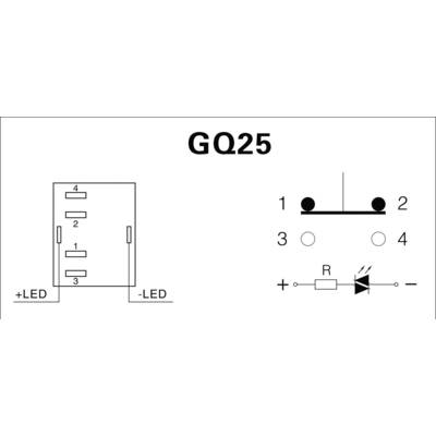 Diagram of an electrical circuit plan for component GQ25. Shows LED connections and a resistor for current limitation.
