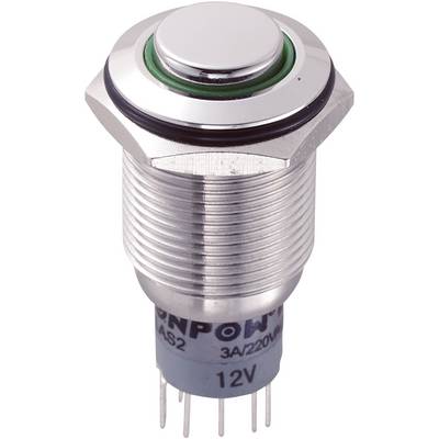 A metal push button with a green ring, suitable for 12V and 3A/220V. Used for electrical circuits and controls.