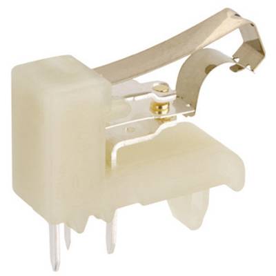 An electrical component with a metal contact, plastic casing, and multiple terminals, likely a switch or relay.