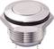 A round, silver push button with a metal thread and two gold-coloured connectors on the underside.