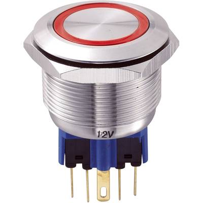 Round metal push button with a red border and blue base, suitable for industrial applications or electronic devices.