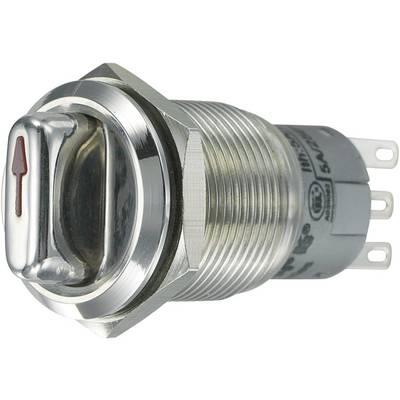 Silver metallic push switch with a red arrow on the button. It has three plug connections at the back.