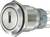 Metal push button switch with a round head, red marking, and two connection terminals on the back, suitable for industrial applications.