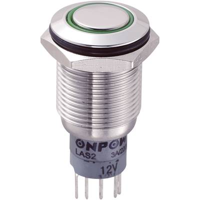 A round metal switch with a green ring and multiple connections on the underside, engraved with 'ONPOW LAS2 3A/250V 12V'.