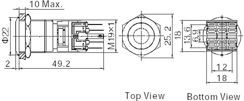 Technical drawing of a circular switch with dimensions in millimetres, showing top and bottom views.