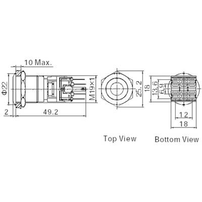 Technical drawing of a circular switch with dimensions in millimetres, showing top and bottom views.