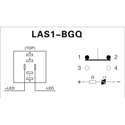 Circuit diagram for LAS1-BGQ: Shows connections and their positions (+LED, -LED) as well as the switch arrangement with number markings 1 to 4.