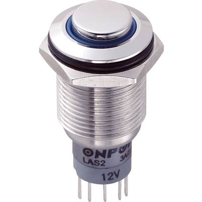 Round, silver push button with 12V labelling, suitable for electronic applications or devices.