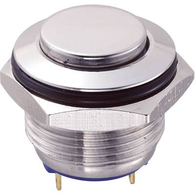 Metal switch with round push head and hexagonal thread for mounting.