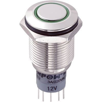 A round metal switch with a green ring and multiple pin contacts on the underside, suitable for 12V, 3A/220VAC applications.