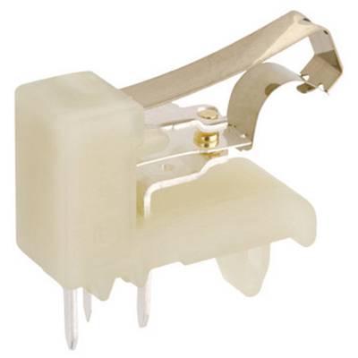 A beige plastic and metal part sensor with three metal pins and a curved lever at the top. Commonly used in electromechanical devices.