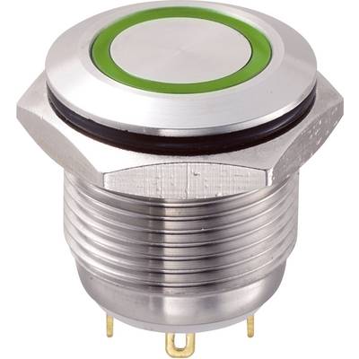 Round switch with green ring on silver casing, suitable for mounting in electrical devices, top view.