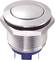 A metallic push button with a round, shiny head and a knurled casing. Suitable for industrial applications.