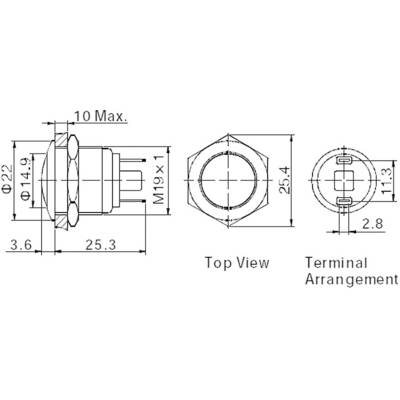 Technical drawing of a switch with dimensions in millimetres. Three views: side view, top view, and terminal arrangement.