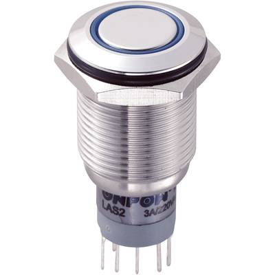Metal switch with a round button, blue LED ring, and multiple connection pins at the base. Suitable for electronic devices.