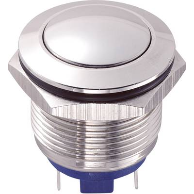 Metallic round push button with threading; housing in silver; switch mechanism located at the bottom.