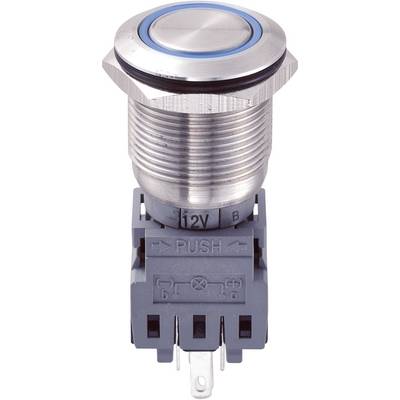 A metallic push button with a blue ring for 12V applications; used for activating functions in electronic devices.
