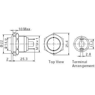 'Technical drawing of a switch with front view, top view and connection sketch. Dimensions: 25.3 mm width, M19 x 1 thread.'
