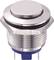 A metallic push button with a round head, mounted in a hexagonal mounting, suitable for electronic switch applications.