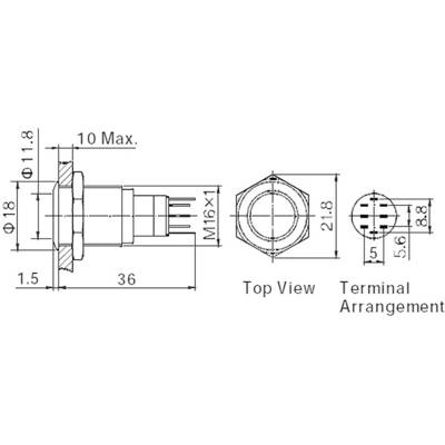 Technical drawing of a connector with dimensions and terminal arrangement. Front, side, and top views shown.