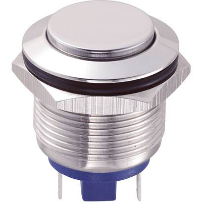 Push button with a metallic, silver surface and blue base, suitable for electronic applications and controls.