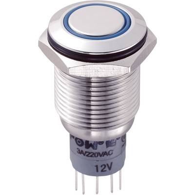 Push switch with chrome-plated housing and blue ring, suitable for 12V and 3A/220VAC applications, featuring six connection pins.