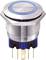 A round push button with a blue border, silver metal casing and 12V marking, ideal for electronic applications.
