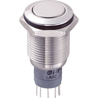 Metal switch with a round, shiny button surface and multiple connection pins on the underside. Suitable for electronic devices.