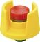 Yellow safety mushroom button switch with a red button, used for quickly stopping machines or equipment in emergency situations.