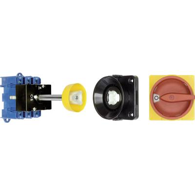 Electrical main switch in individual components: blue connection block, yellow handle piece and yellow switch with red operating lever.