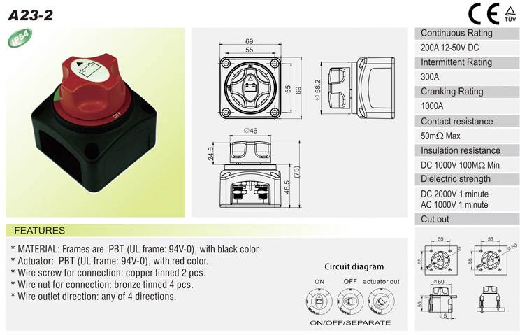 A red switch with technical specifications, such as rated voltage and resistance. Diagrams and features are also shown.