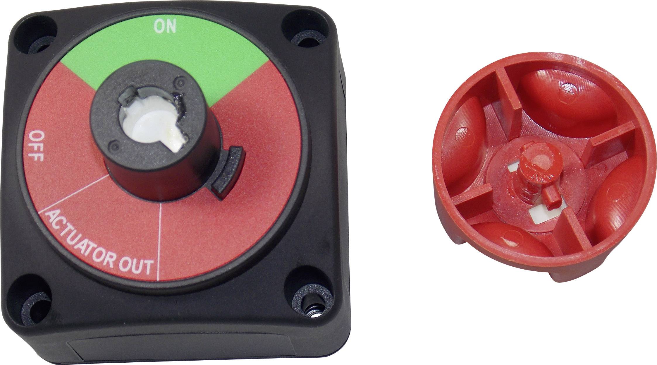 'Rotary isolator switch in red and green position with removable red handle. Shows status: 'OFF' and 'ACTUATOR OUT'.'
