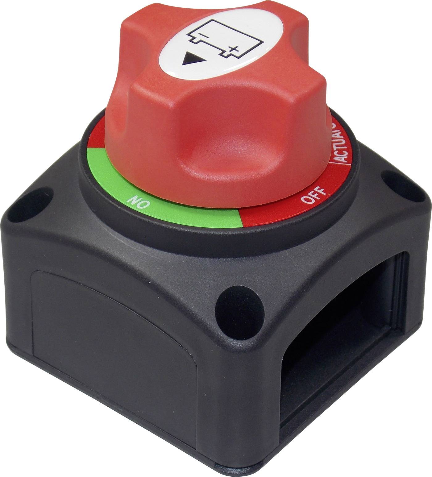 Red battery switch with black base and labelling 'No' in green, 'Off' in red on the top surface.