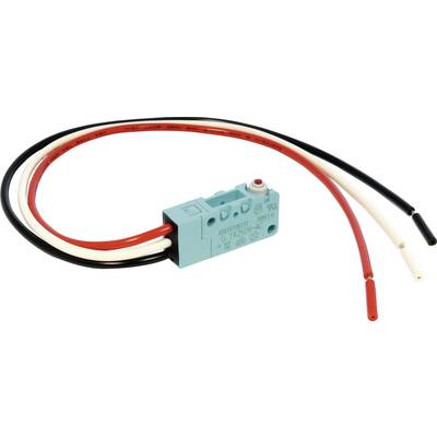 Blue microswitch with red, white, and black cables. Electronic component for controlling electrical circuits.