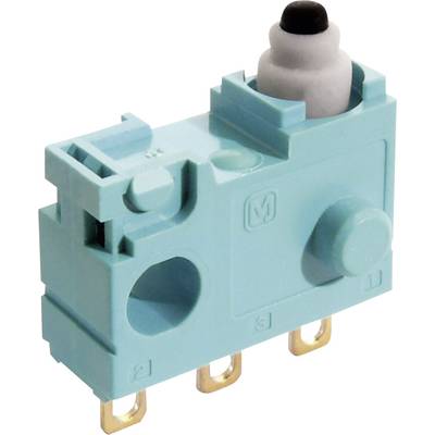 A blue micro switch with three golden connection terminals. Above it is a white push button.