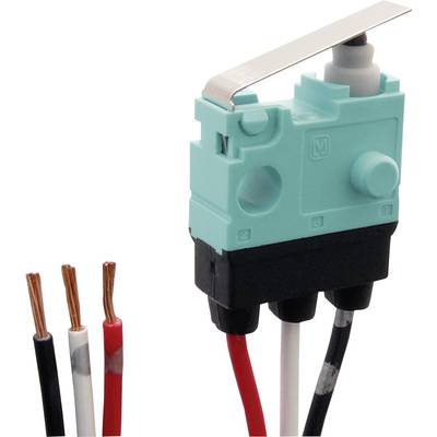A microswitch with three exposed wires in the colours red, black and white. The switch has a metal lever and a plastic casing.