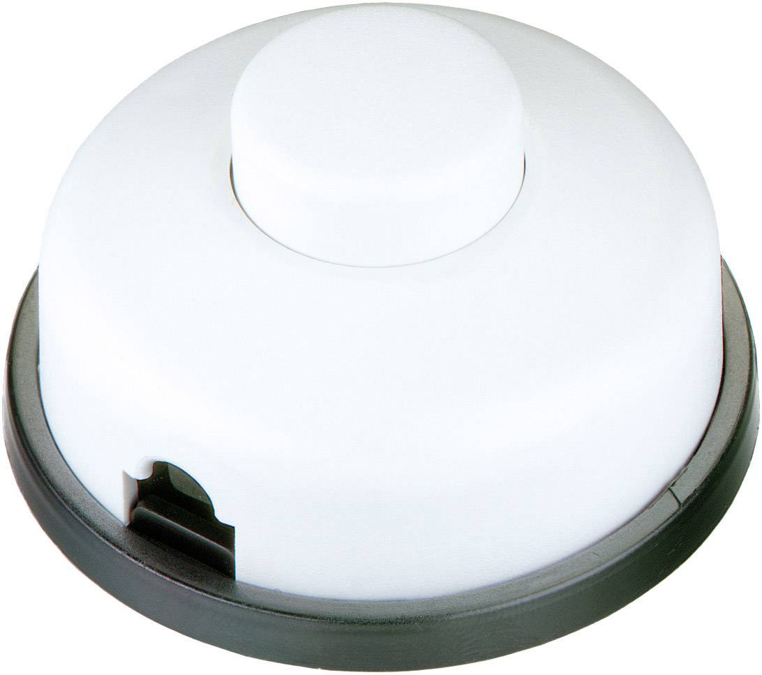 A white smoke detector with a round button on a grey base. Designed for ceiling mounting to detect smoke and fire.