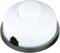 A white smoke detector with a round button on a grey base. Designed for ceiling mounting to detect smoke and fire.